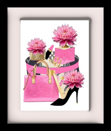 Pink handbag, high heel, lipstick, and flowers arranged stylishly on a white background.