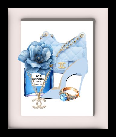 Light blue high heel, handbag, flower, perfume bottle, and jewelry arranged aesthetically.