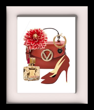 Red handbag, high-heeled shoe, perfume bottle, and a flower accessory.