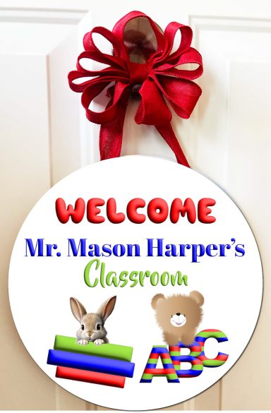 Welcome sign for Mr. Mason Harper's classroom featuring a bunny and a teddy bear.