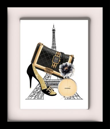 Stylish high heel shoe, designer handbag, and perfume bottle with the Eiffel Tower background.