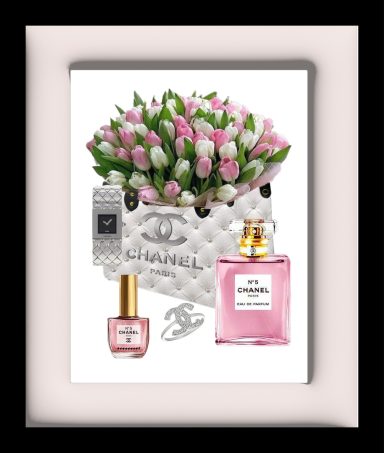 A Chanel bag with pink tulips, perfume bottles, and a silver ring arranged elegantly.