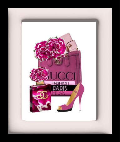 A stylish pink handbag surrounded by flowers, high heels, and perfume bottles.