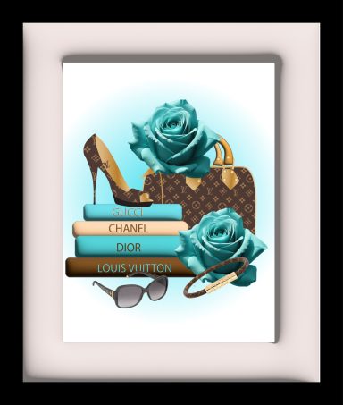 A stylish arrangement of high heels, a designer bag, books, sunglasses, and turquoise roses.