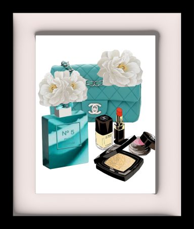Aqua Chanel handbag with flowers, perfume, lipstick, and cosmetics arranged artistically.