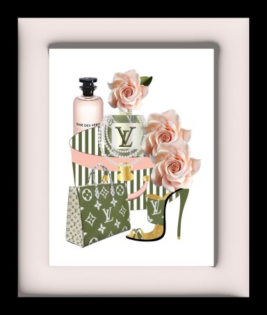Stylish items featuring a Louis Vuitton bag, perfume, rose flowers, and a high heel.