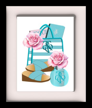 Turquoise sandals, a handbag, a perfume bottle, and pink roses arranged together.