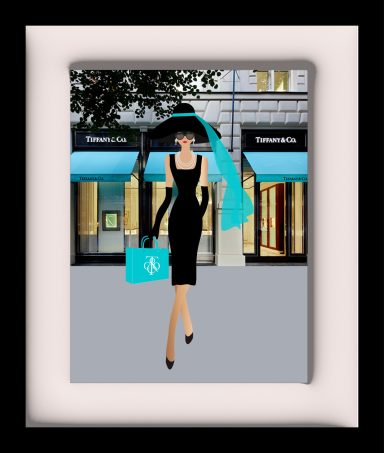 Stylish woman in a black dress and hat, holding a blue shopping bag.