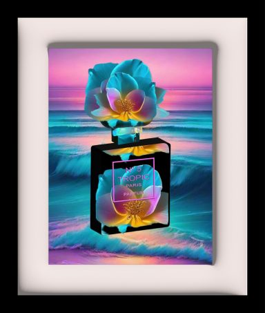 Colorful perfume bottle with floral design against a vibrant ocean sunset backdrop.