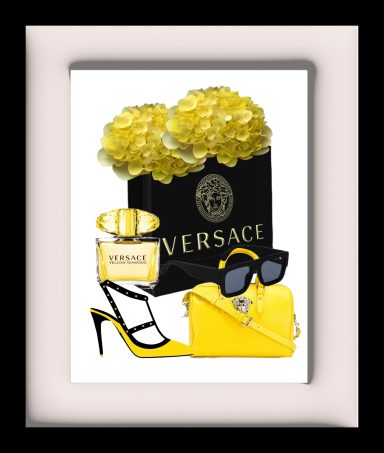 Versace perfume, yellow flowers, sunglasses, and a yellow handbag on a white background.