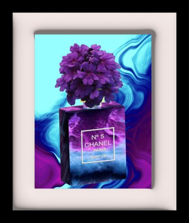 Purple flowers in a stylish Chanel perfume bottle against a colorful background.